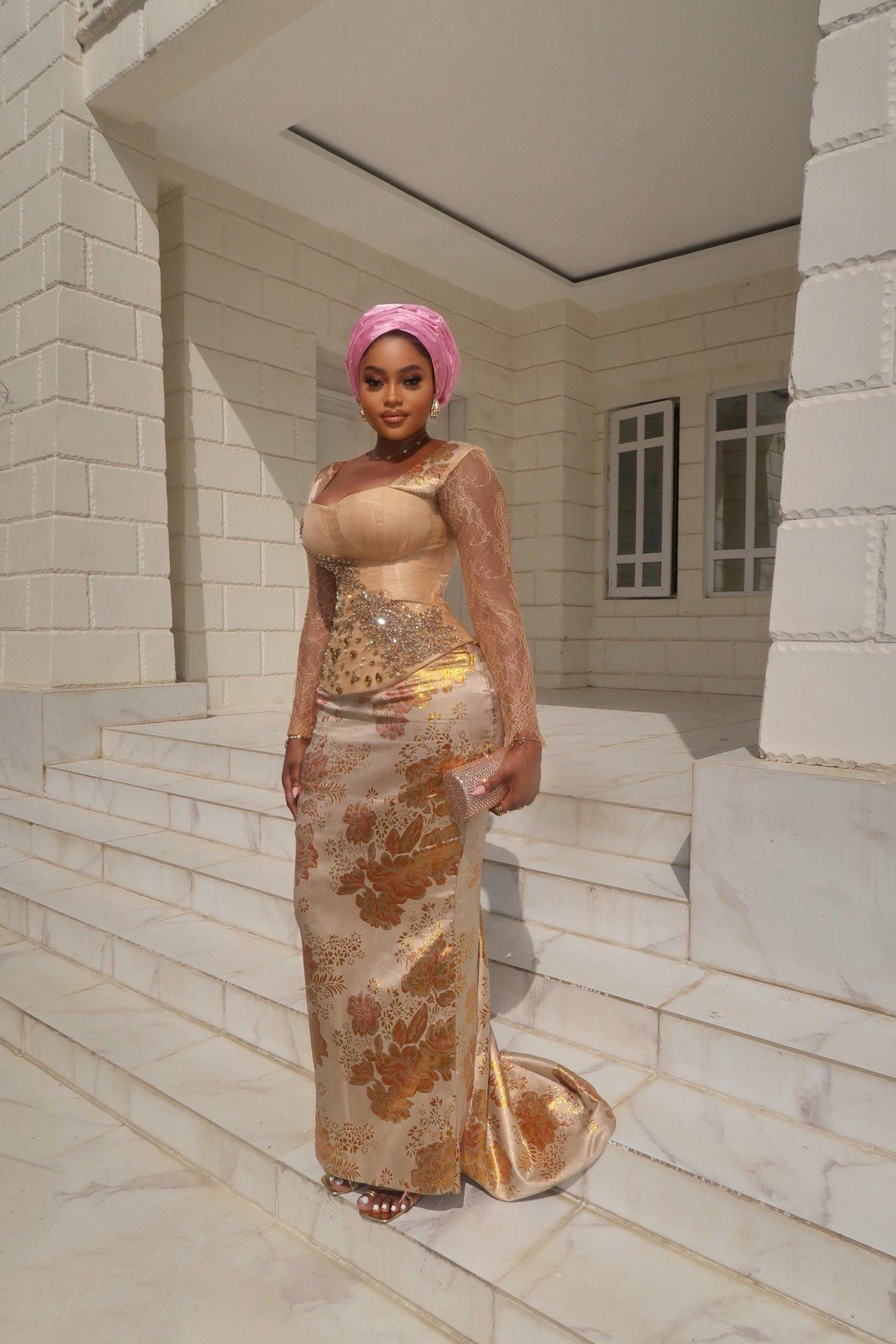 Champagne Gold Jacquard Asoebi with Lace Sleeves & Pink Gele | Nigerian Wedding Grace | OutfitLibrary