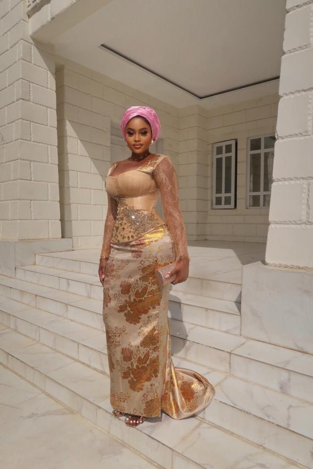 Champagne Gold Jacquard Asoebi with Lace Sleeves & Pink Gele | Nigerian Wedding Grace | OutfitLibrary