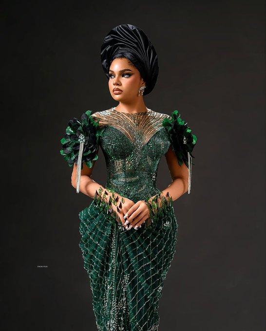 Dark Green Crystal Mesh Asoebi with 3D Black Florals & Crystal Fringe | Nigerian Wedding Drama | OutfitLibrary