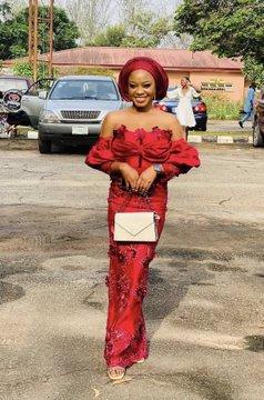 Deep Red Off-Shoulder Ruffle Asoebi with Sequin Lace Mermaid Skirt | Nigerian Wedding | OutfitLibrary