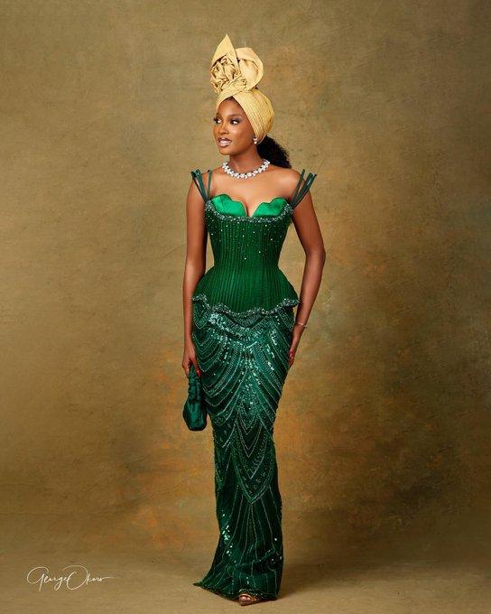 Emerald Green Pleated Corset Asoebi with Sequin Chevron Skirt & Gold Gele | OutfitLibrary