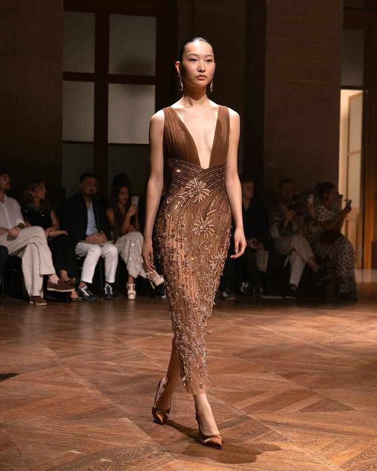 Brown & Mocha Deep-V Sheer Beaded Gown | Fashion Inspo for Nigerian Wedding Asoebi | OutfitLibrary