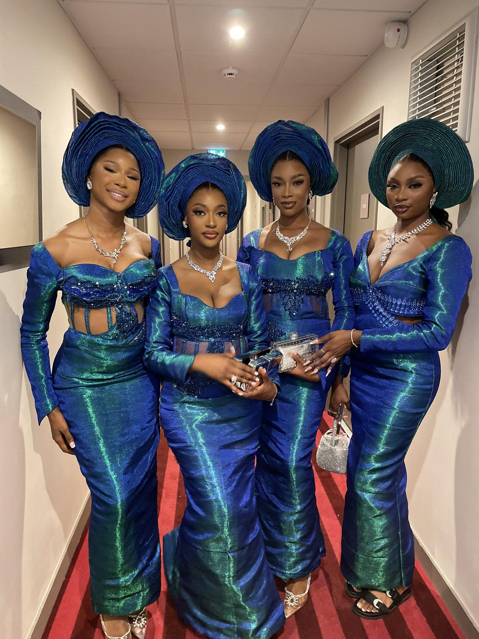 Royal Blue & Teal Iridescent Asoebi Squad of Four | Nigerian Diaspora Wedding UK | OutfitLibrary
