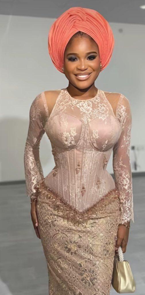 Nude Sheer Lace Corset & Gold Sequin Skirt Asoebi with Coral Turban | Nigerian Wedding | OutfitLibrary