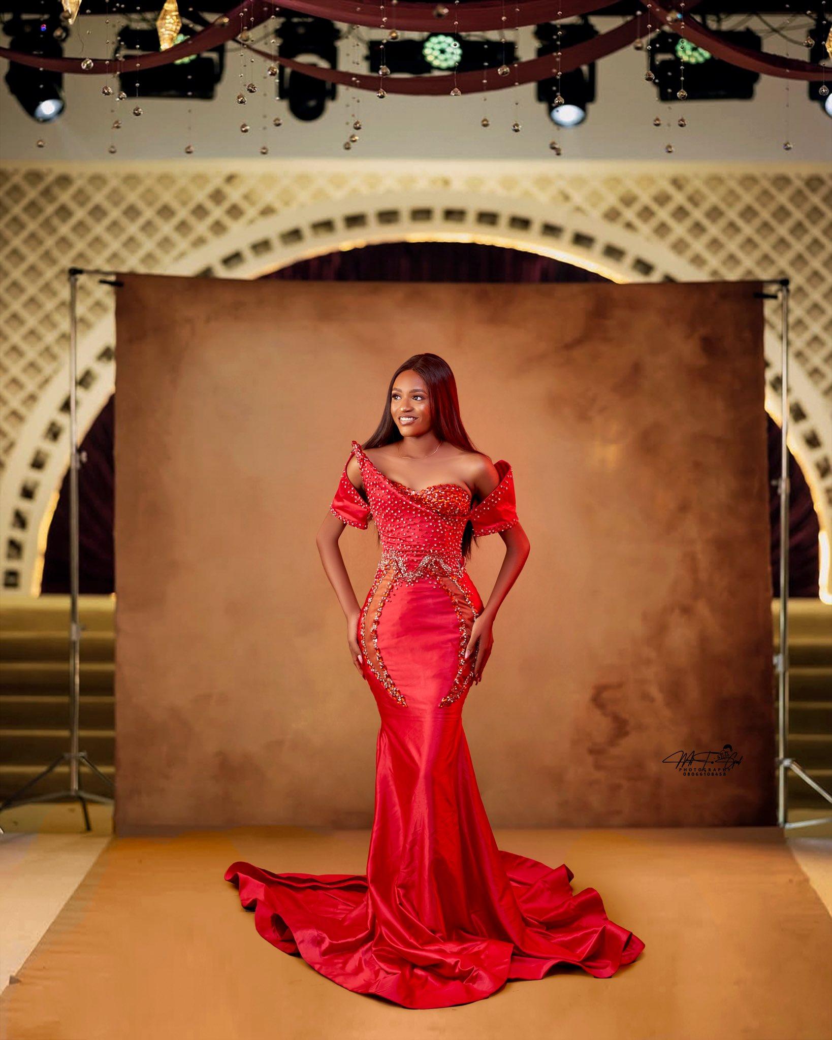 Red Satin Mermaid Asoebi with Crystal Beaded Bodice & Gold Appliqué Side Panels | OutfitLibrary