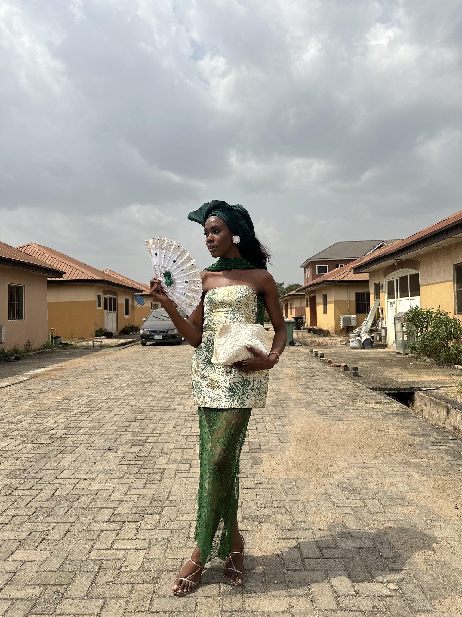 Green & Ivory Jacquard Mini Over Sheer Lace Skirt Asoebi | Nigerian Wedding Layered Style | OutfitLibrary