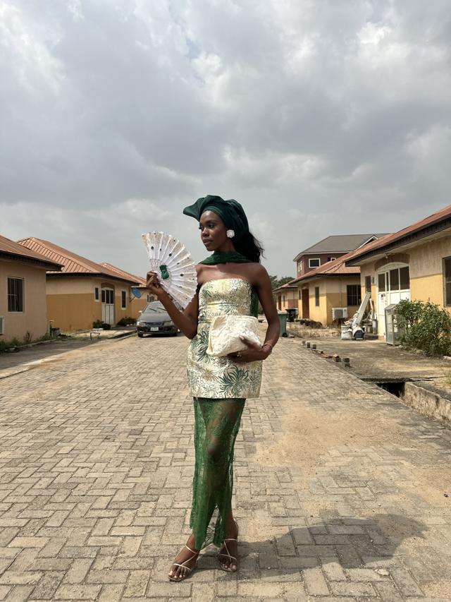 Green & Ivory Jacquard Mini Over Sheer Lace Skirt Asoebi | Nigerian Wedding Layered Style | OutfitLibrary