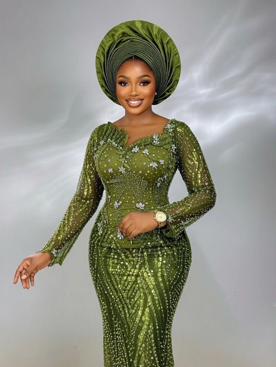 Olive Green Beaded Sequin Asoebi with Crystal Floral Appliqués & Matching Gele | OutfitLibrary