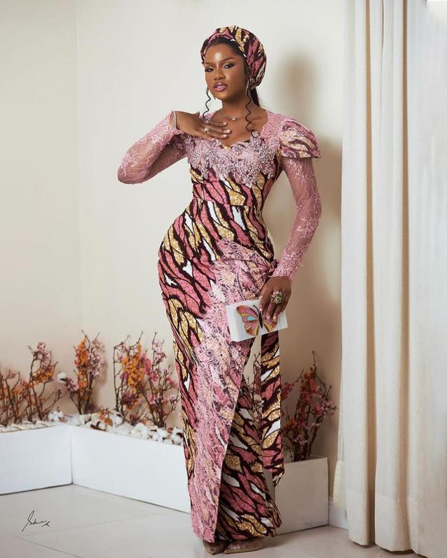 Pink Ankara Tiger Print Asoebi with Lace Overlay Bodice & Butterfly Clutch | OutfitLibrary