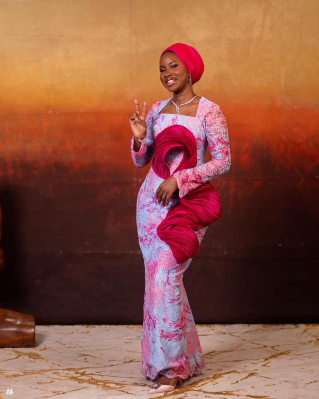 Sky Blue & Pink Lace Asoebi with Sculptural Burgundy Pleated Ruffle & Red Gele | OutfitLibrary