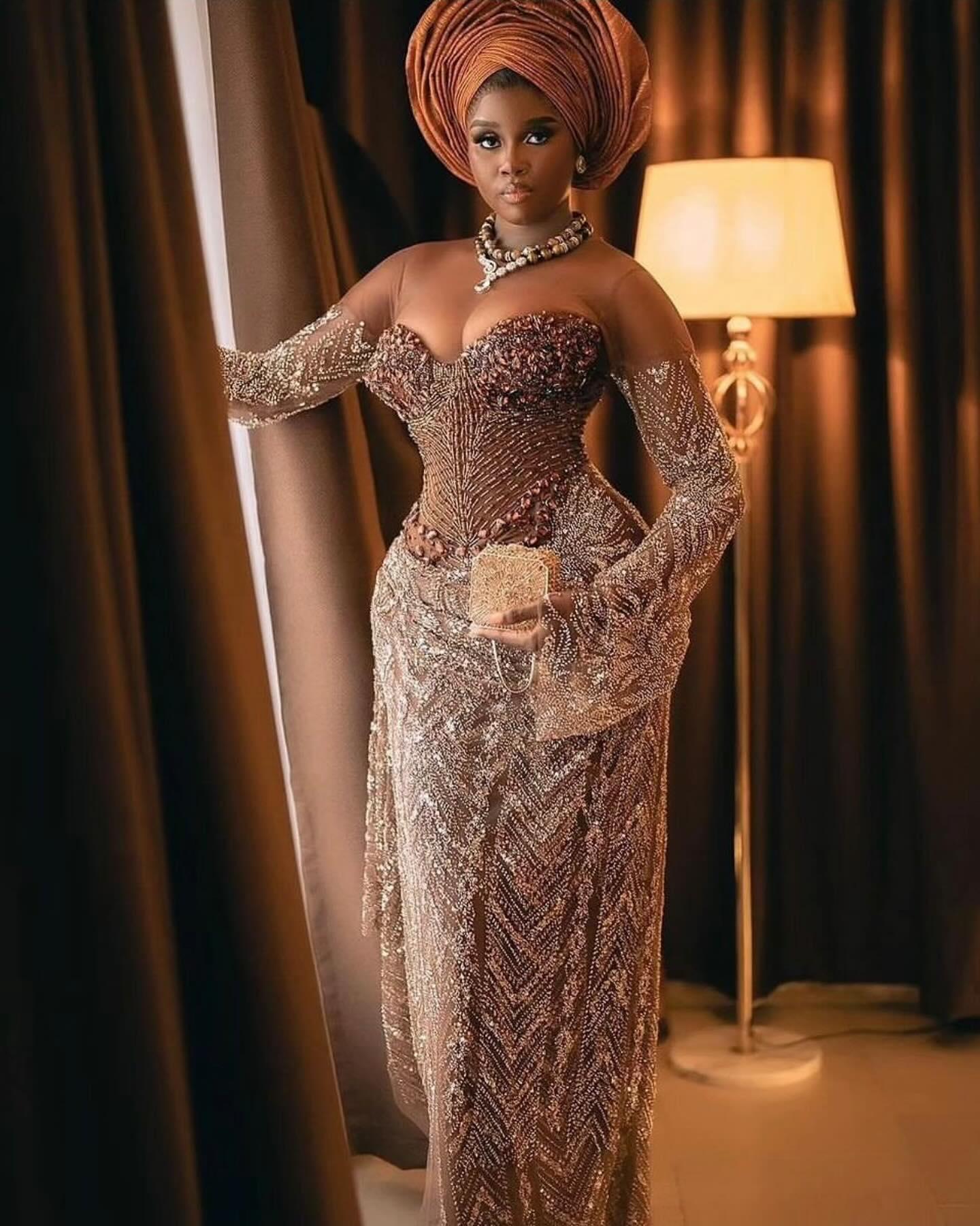 Copper Gold Sweetheart Corset Asoebi with Sheer Beaded Sleeves & Coral Necklace | OutfitLibrary