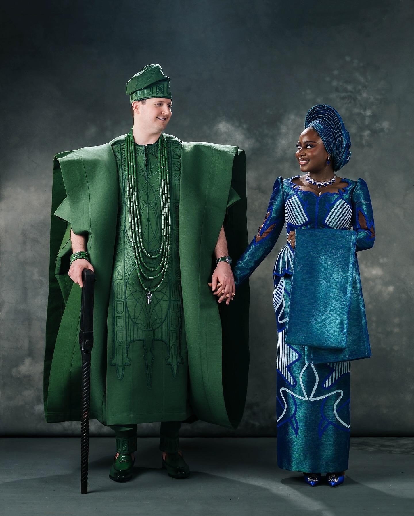 Intercultural Nigerian Wedding: Green Agbada Groom & Teal Brocade Iro-Buba Bride | OutfitLibrary