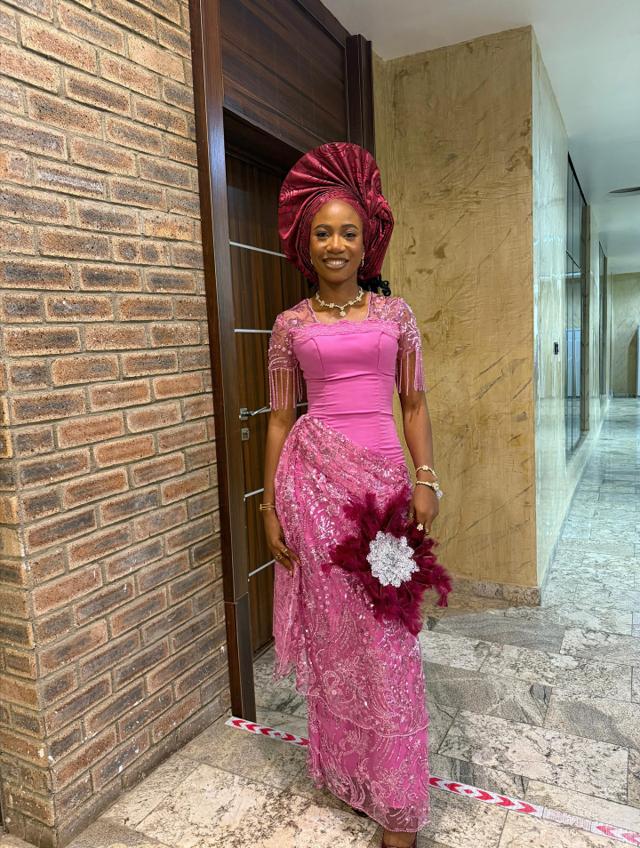 Fuchsia Pink Asoebi Corset with Crystal Bead Fringe Sleeves & Feather Fan | OutfitLibrary