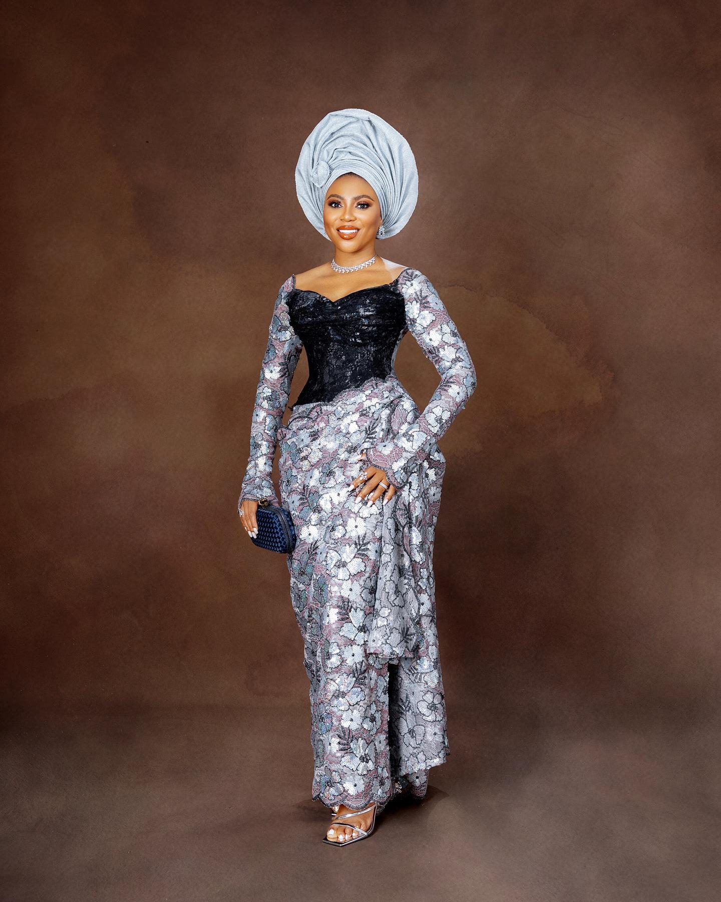 Silver Grey Floral Sequin Asoebi with Black Velvet Corset & Pale Blue Gele | OutfitLibrary