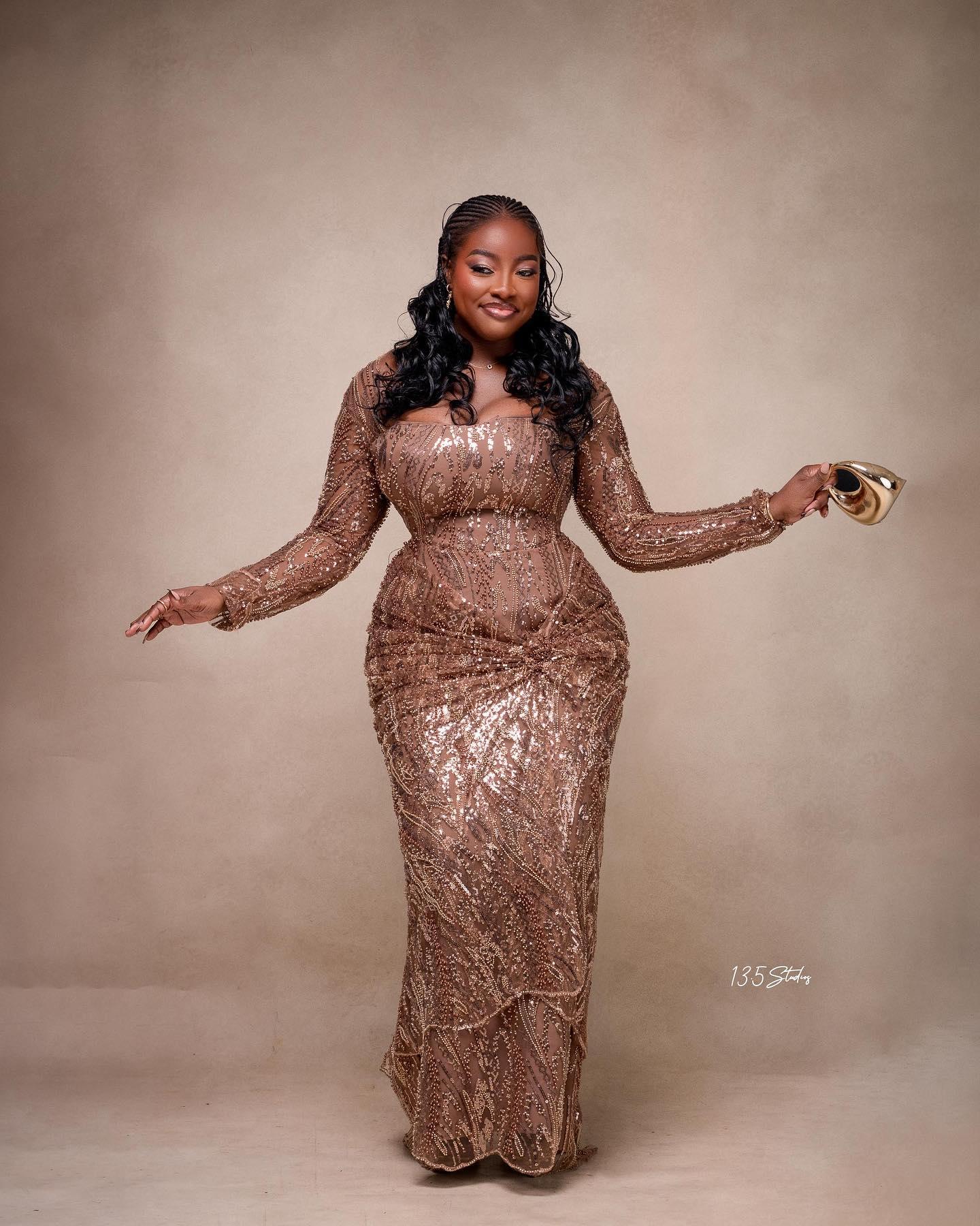 Champagne Rose Gold Sequin Asoebi with Square Neck Corset & Gold Metallic Clutch | OutfitLibrary