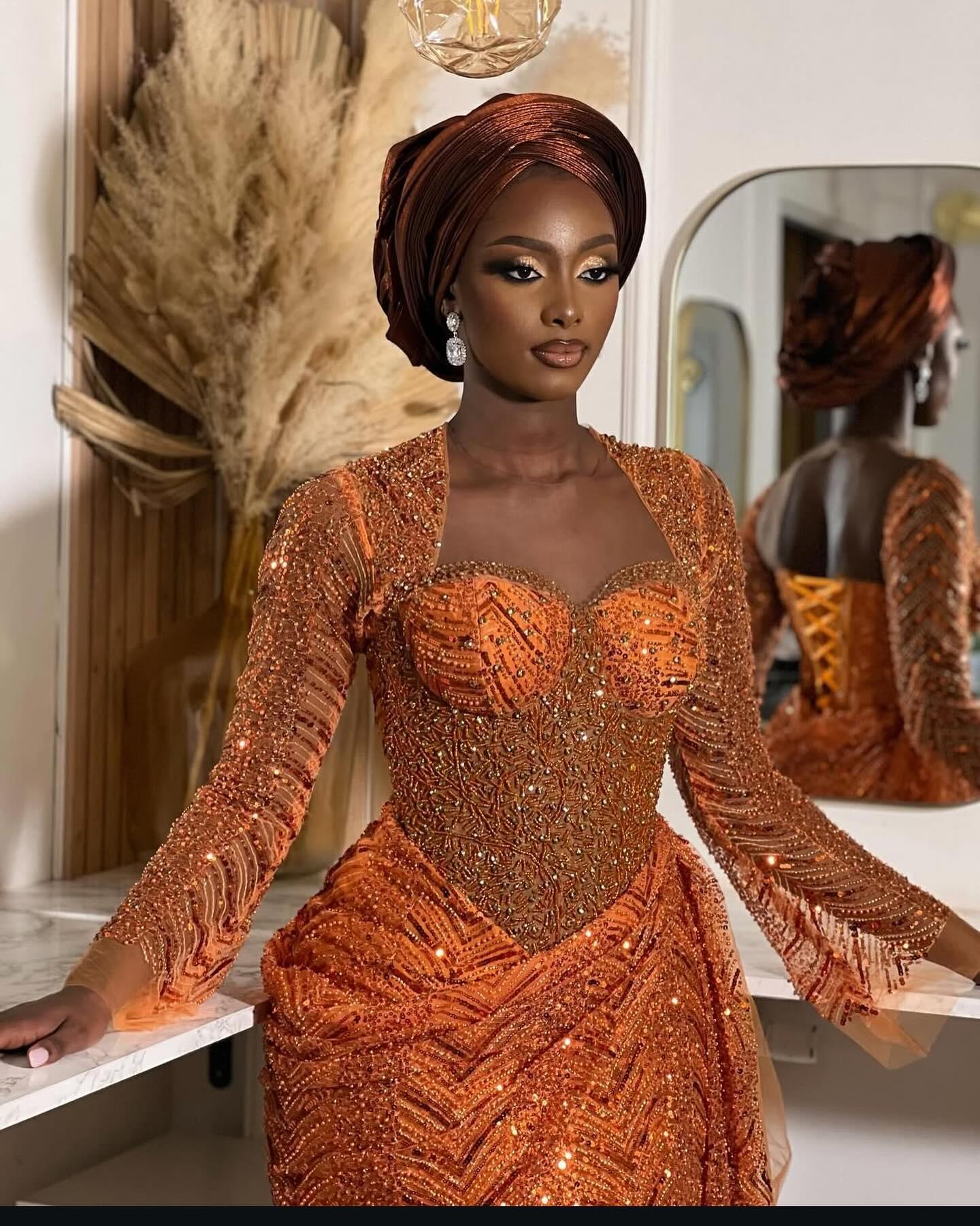 Burnt Orange Copper Sequin Asoebi with Structured Beaded Corset Cups & Matching Gele | OutfitLibrary