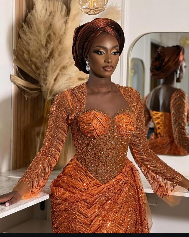 Burnt Orange Copper Sequin Asoebi with Structured Beaded Corset Cups & Matching Gele | OutfitLibrary
