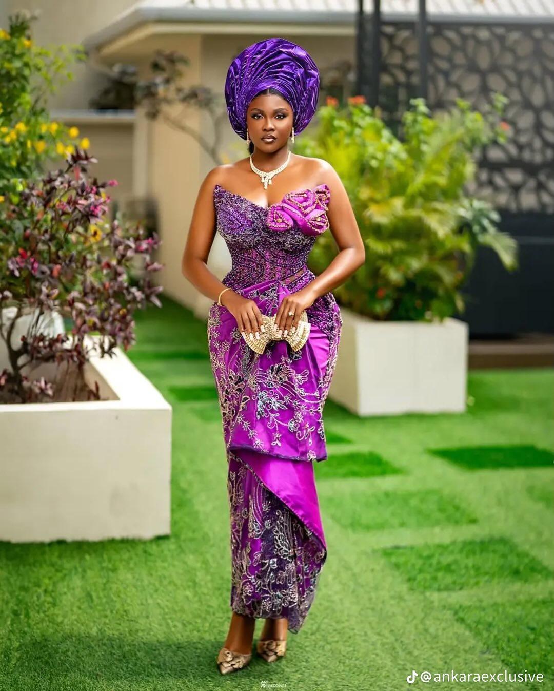 Purple Beaded Strapless Asoebi with 3D Bow Bodice & Pearl Clutch | OutfitLibrary
