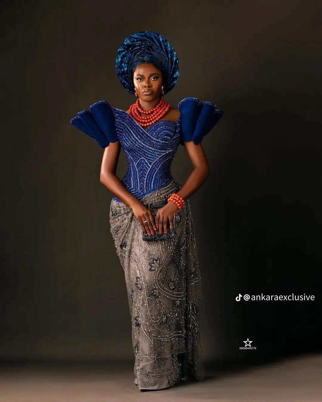 Royal Blue Sculptural Puff Sleeve Asoebi with Wave Beadwork & Coral Bead Jewellery | OutfitLibrary