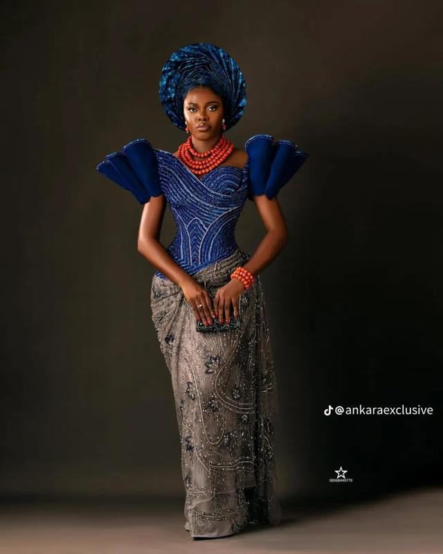 Royal Blue Sculptural Puff Sleeve Asoebi with Wave Beadwork & Coral Bead Jewellery | OutfitLibrary