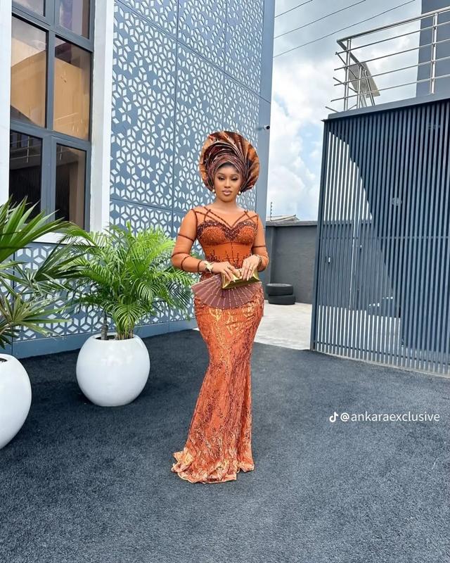 Burnt Orange & Copper Mermaid Asoebi with Cage Bodice & Fan Clutch | OutfitLibrary