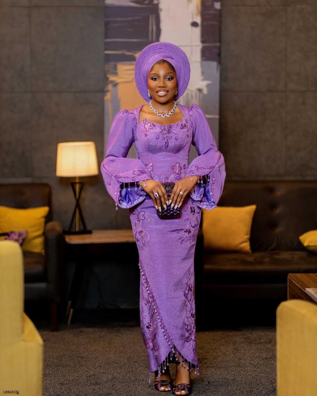 Lavender Shimmer Bell Sleeve Asoebi with Floral Beadwork & Beaded Fringe Hem | OutfitLibrary