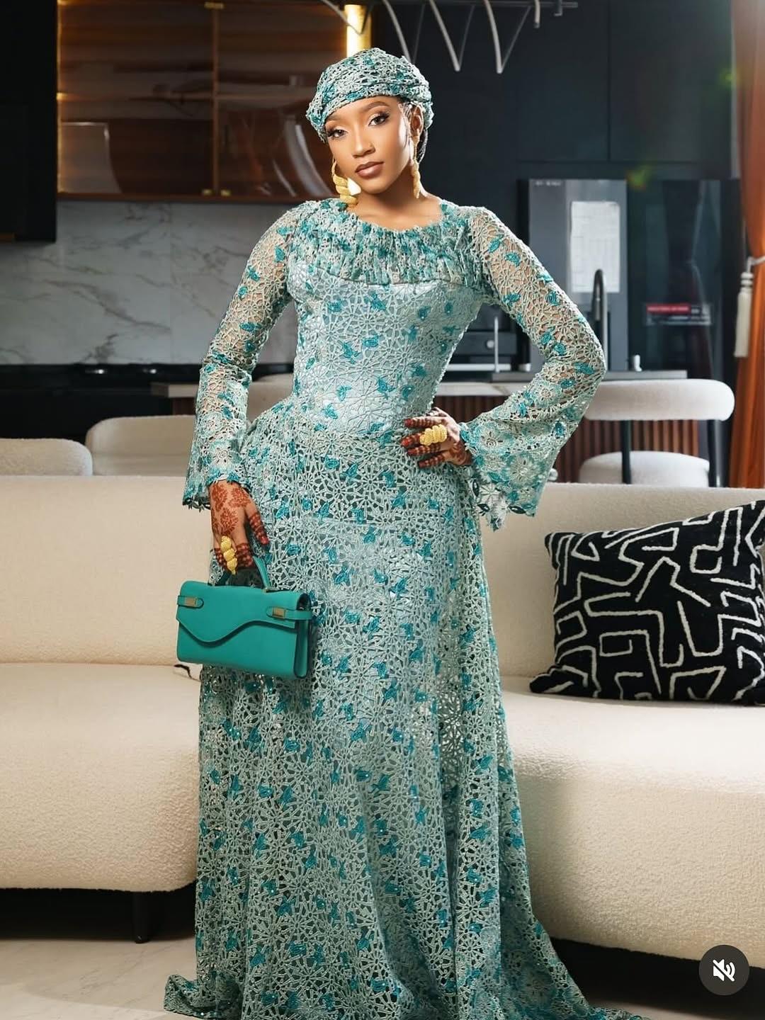 Teal Guipure Lace Boho Asoebi with Ruffled Neckline, Bell Sleeves & Structured Teal Bag | OutfitLibrary