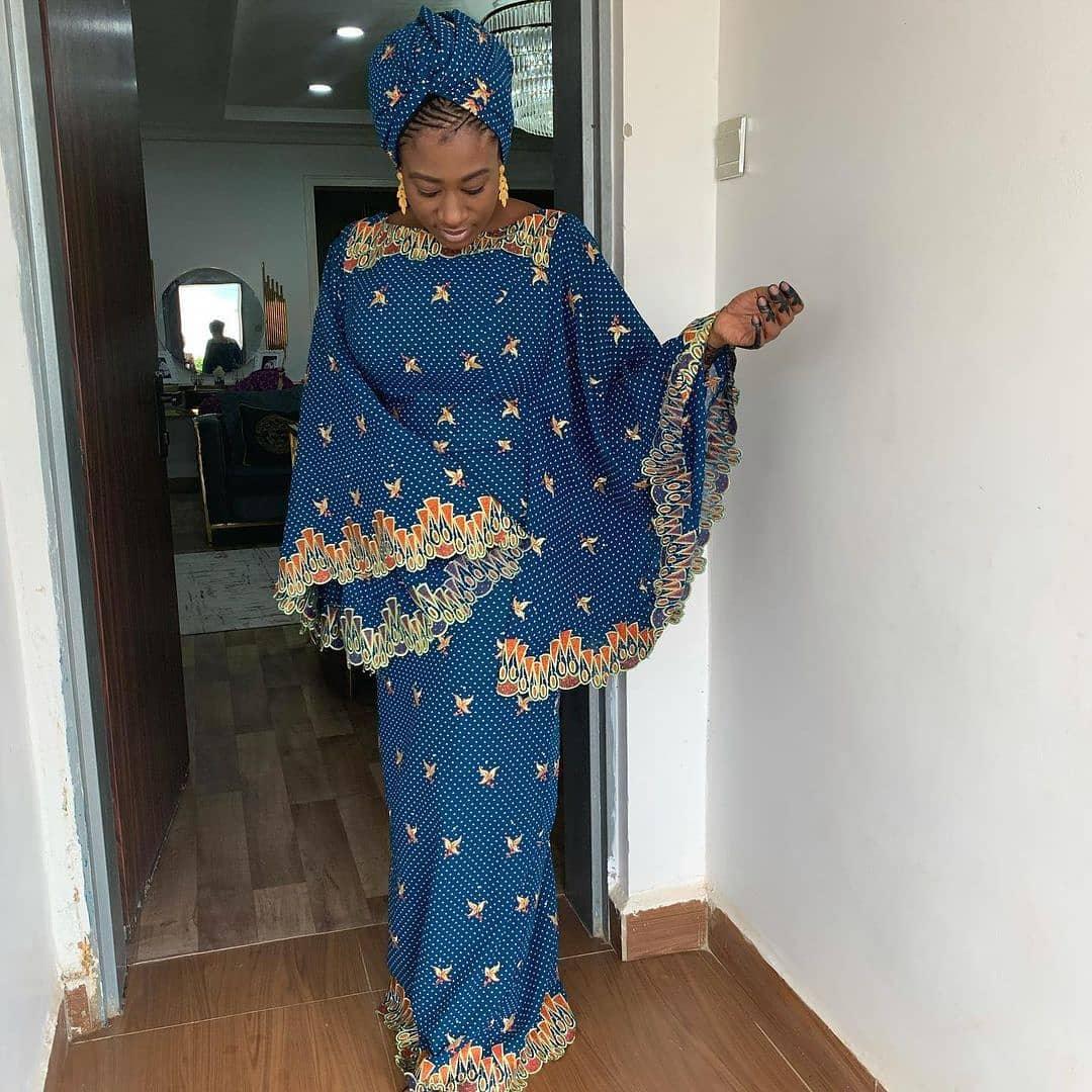 Blue Ankara Polka Dot Bubu Kaftan Asoebi with Butterfly Sleeves & Matching Headwrap | OutfitLibrary