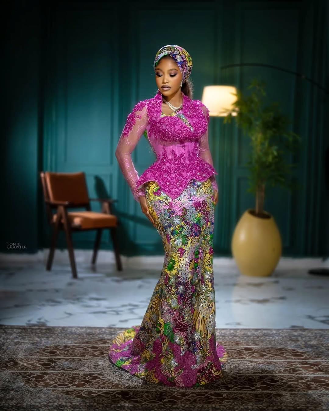 Fuchsia Floral Lace Peplum Asoebi with Multicolour Sequin Skirt & Matching Headwrap | OutfitLibrary