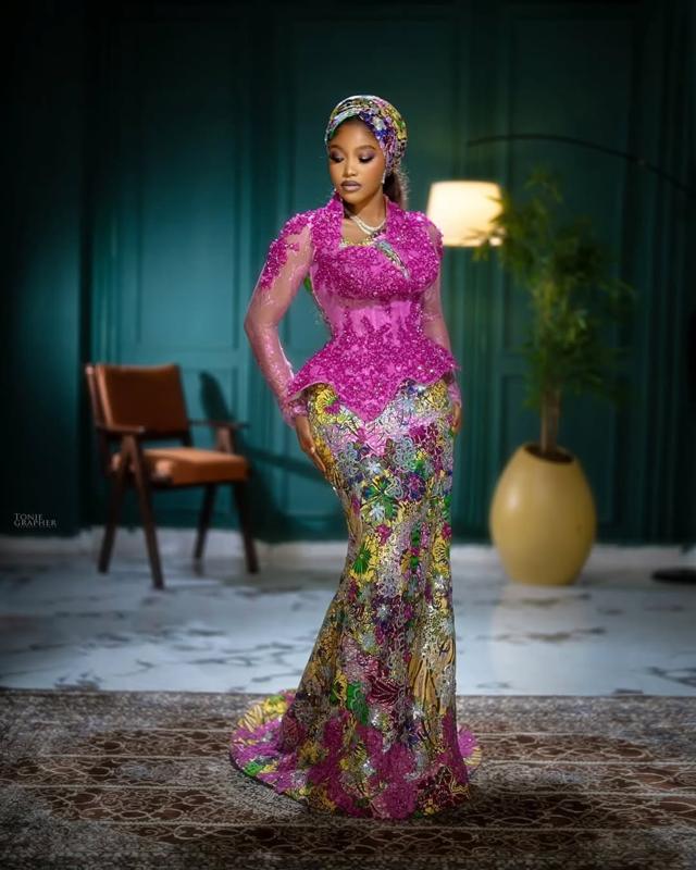 Fuchsia Floral Lace Peplum Asoebi with Multicolour Sequin Skirt & Matching Headwrap | OutfitLibrary