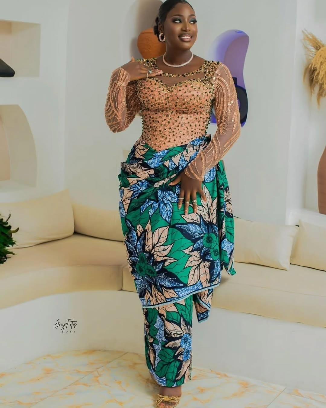 Peach Beaded Sheer Bodice & Green Leaf Ankara Wrap Skirt Asoebi | OutfitLibrary