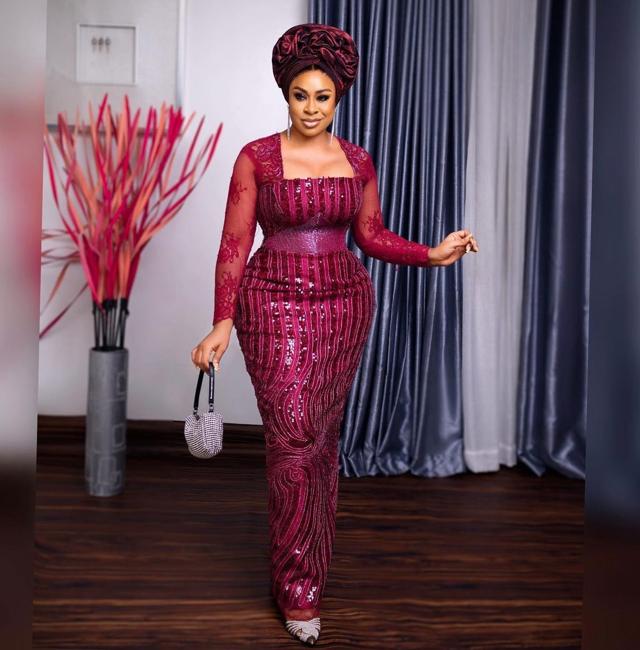 Burgundy Sequin Column Asoebi with Sheer Lace Sleeves & Crystal Minaudière | OutfitLibrary