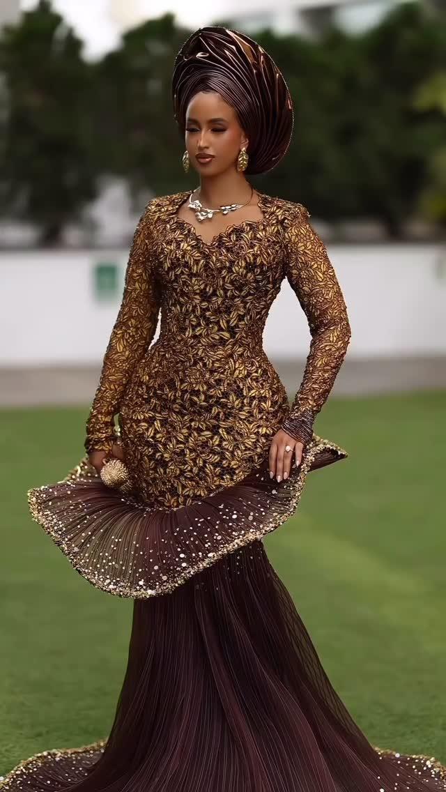 Chocolate & Gold Leaf Lace Asoebi with Pleated Tulle Skirt & Gold Globe Clutch | OutfitLibrary