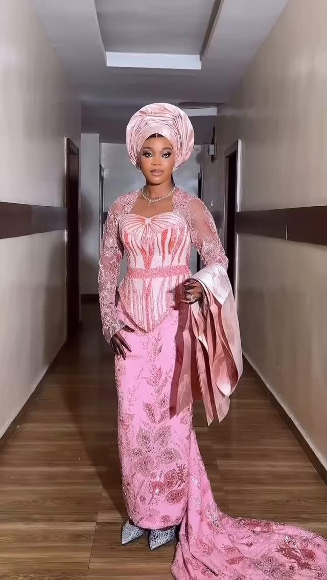 Blush Pink Corset Butterfly Stripe Asoebi with Trailing Ipele & Crystal Heels | OutfitLibrary