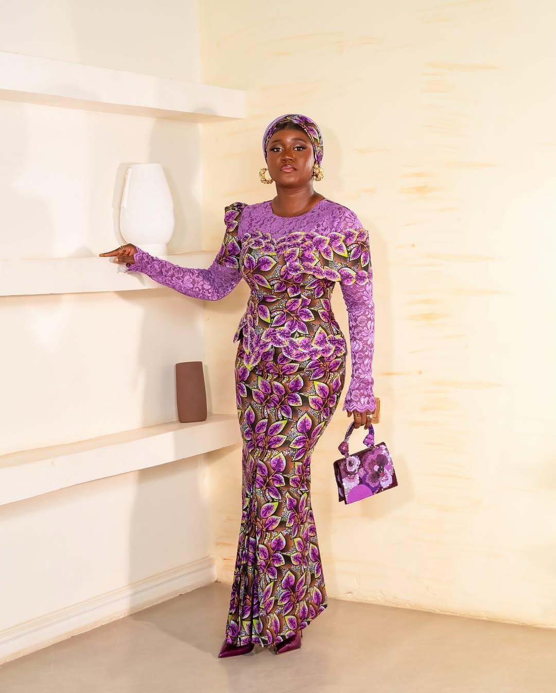 Purple Ankara Leaf Print & Lace Fusion Mermaid Asoebi with Matching Ankara Mini Bag | OutfitLibrary