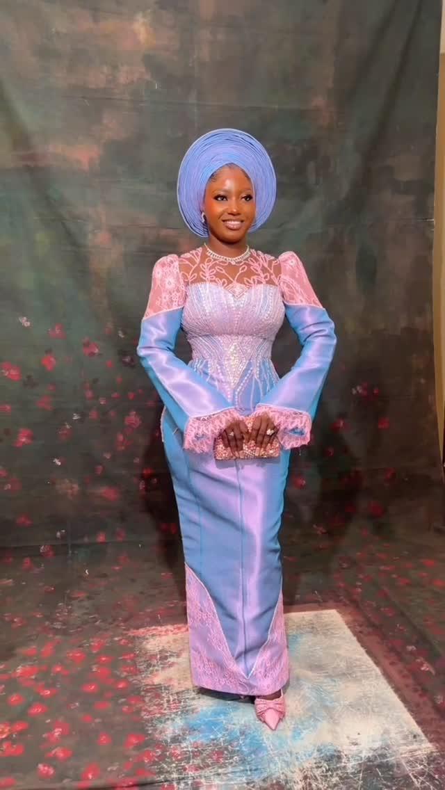 Sky Blue & Pink Aso-Oke Peplum Asoebi with Beaded Bodice, Bell Sleeves & Periwinkle Gele | OutfitLibrary