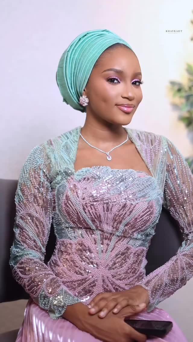 Mint Green & Pink Beaded Sequin Bodice Asoebi with Pleated Mint Gele | OutfitLibrary