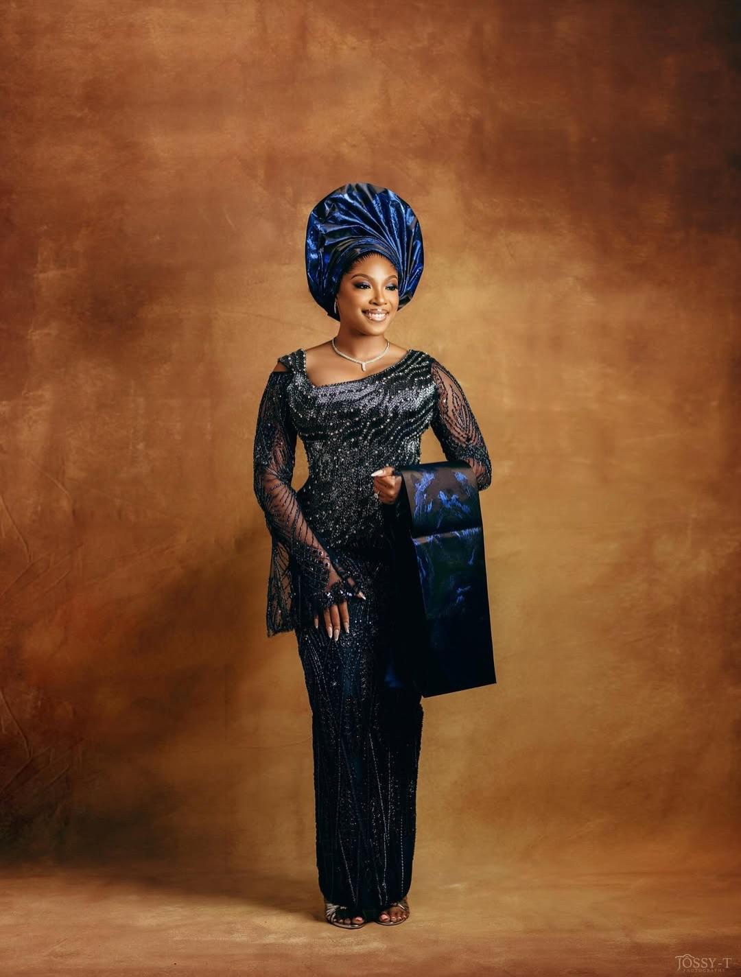 Midnight Navy Wave-Beaded Asoebi with Royal Blue Velvet Gele & Satin Ipele | OutfitLibrary
