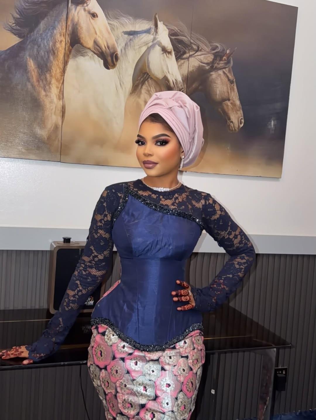 Navy Lace Corset Bodice & Pink 3D Floral Appliqué Skirt Asoebi with Pink Turban | OutfitLibrary
