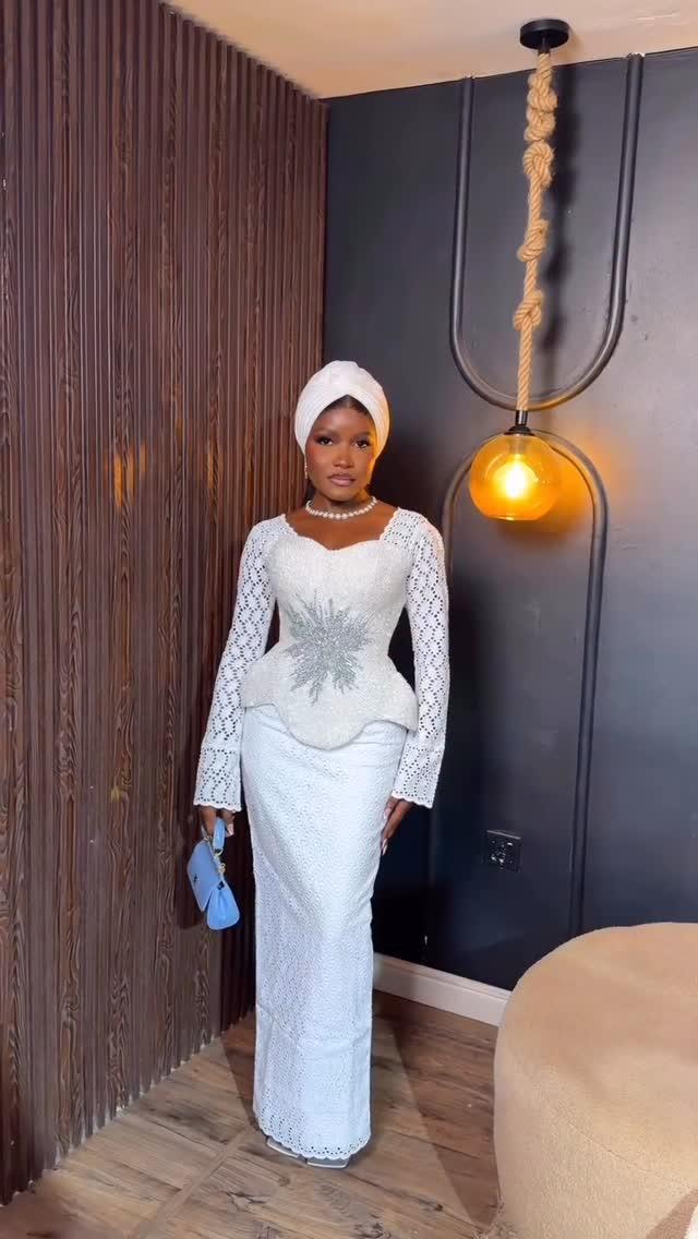 White Eyelet Lace Peplum Asoebi with Crystal Starburst Bodice & Blue Mini Bag | OutfitLibrary