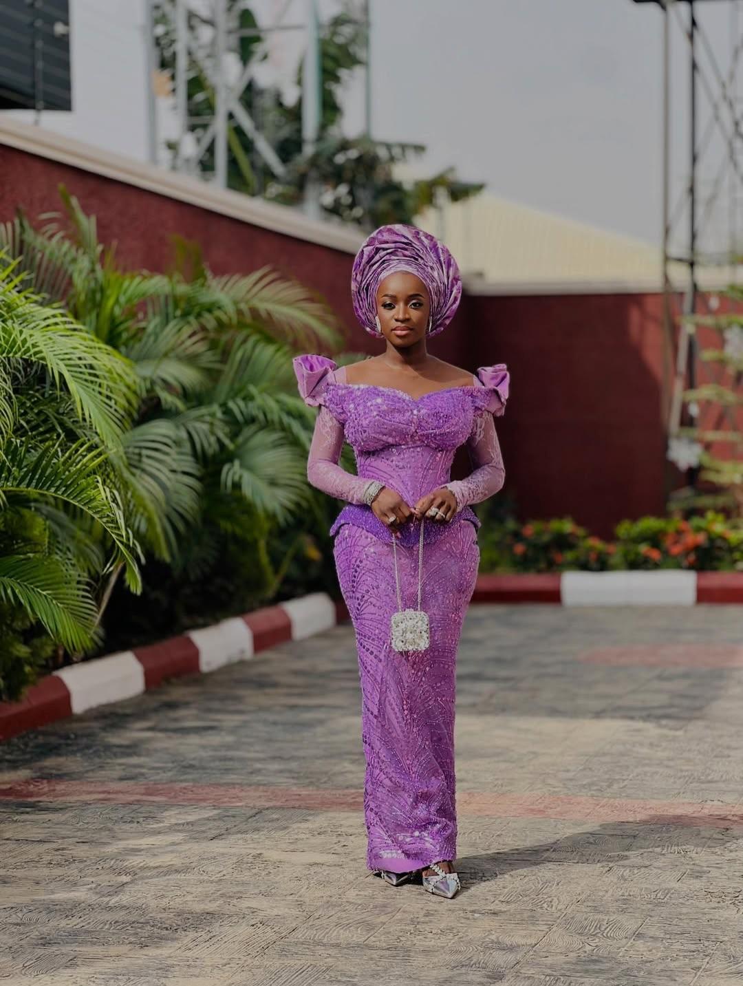 Purple Puff Sleeve Sweetheart Lace Asoebi with Crystal Ball Clutch & Silver Heels | OutfitLibrary