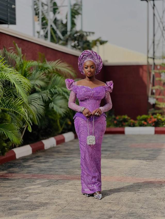 Purple Puff Sleeve Sweetheart Lace Asoebi with Crystal Ball Clutch & Silver Heels | OutfitLibrary