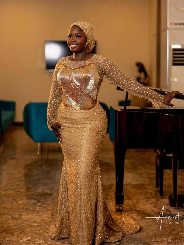 Gold All-Over Crystal Drop Mermaid Asoebi with Diagonal Satin Panel & Gold Lace Headwrap | OutfitLibrary
