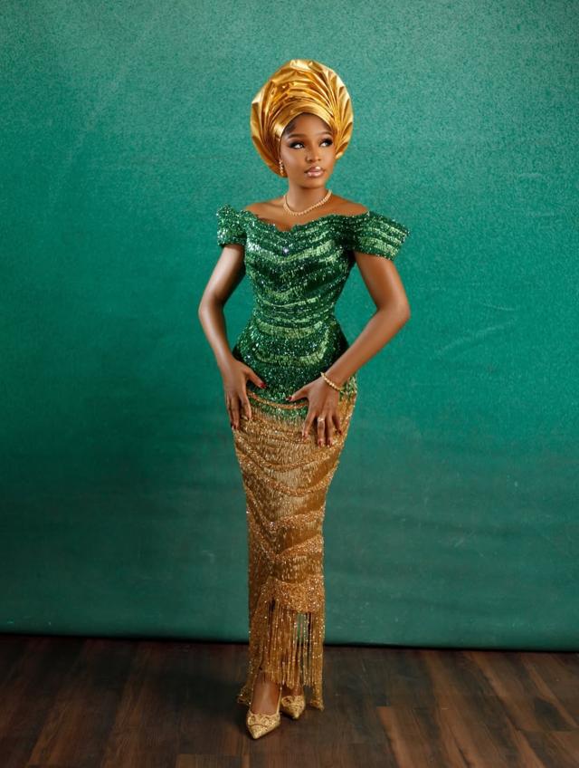 Emerald Green Sequin Peplum Asoebi with Gold Fringe Skirt & Gold Gele | OutfitLibrary