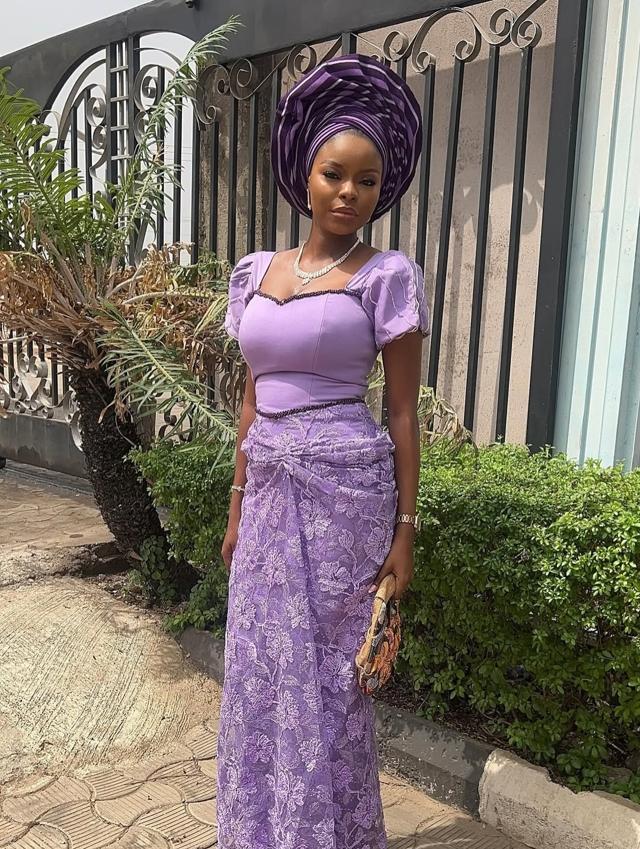 Lilac Puff Sleeve Sweetheart Top & Lace Wrap Skirt Asoebi with Beaded Waistband | OutfitLibrary