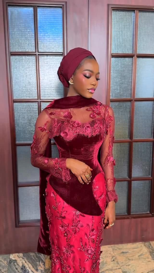 Wine Velvet & 3D Rose Lace Asoebi with Crystal Leaf Skirt & Wine Turban | OutfitLibrary