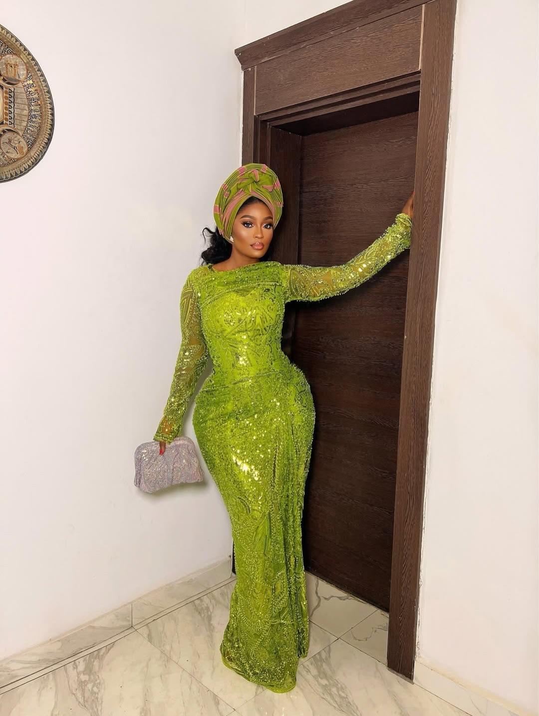 Lime Green All-Over Sequin & Beaded Asoebi with Pink Ankara Headwrap & Silver Clutch | OutfitLibrary