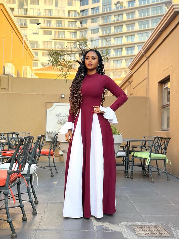 Regina Daniels Stuns in Burgundy & White Color Block Maxi Dress | OutfitLibrary.com