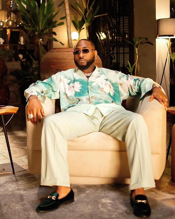 Davido in Mint Floral Shirt & Cream Tailored Trousers Lounge Look | OutfitLibrary.com