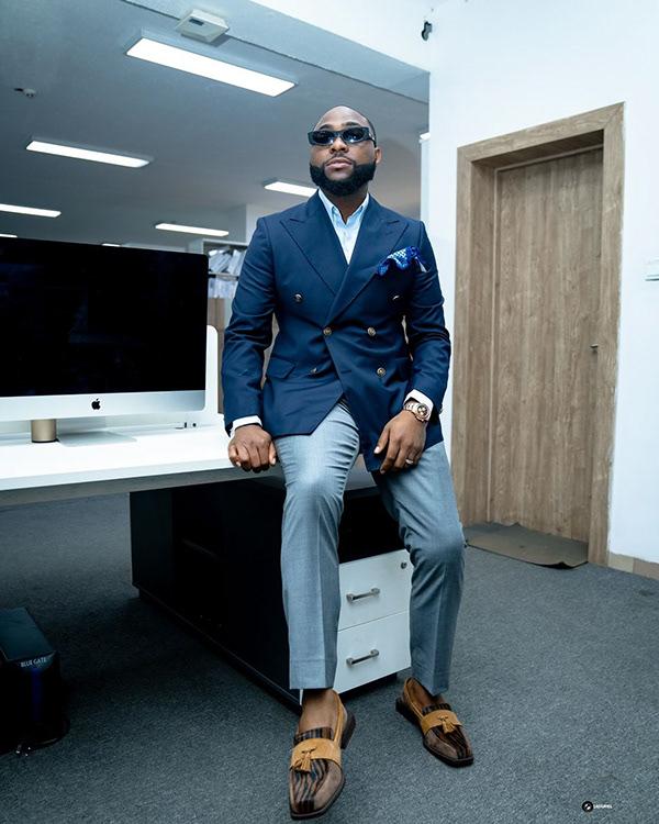 Davido in Navy Double-Breasted Blazer & Grey Trousers Power Office Look | OutfitLibrary.com